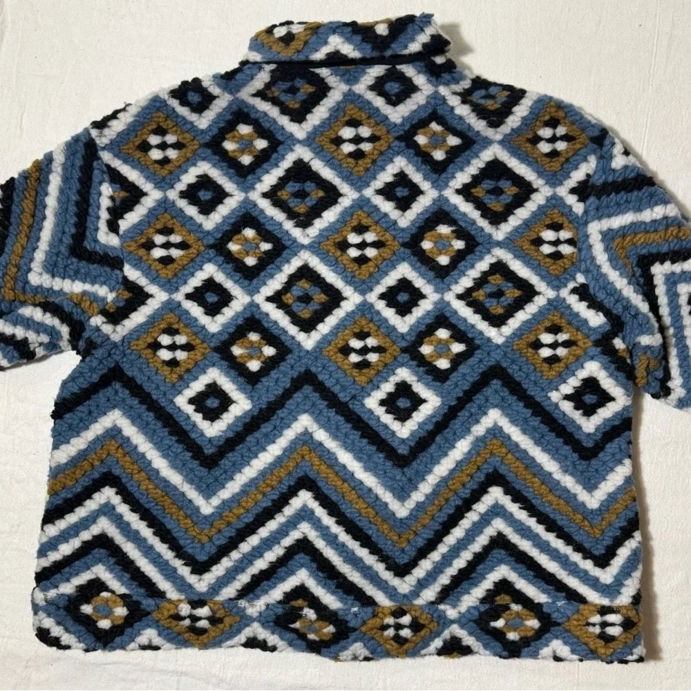 Zara Blue Black White Brown Geometric Toggle Teddy Coat - Picture 15 of 16